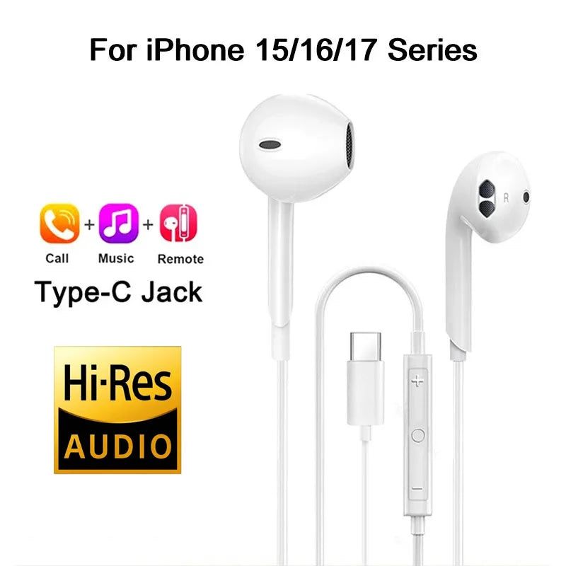 For iPhone 15-17 Color Wired In-Ear Earphones For iPhone And USB-C Devices